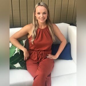 All In Favor Jumpsuit Orange Romper Jumpsuit Size Extra Small High Neck Pockets